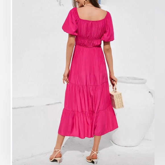 Boho Off Shoulder Puff Sleeve Layered Hem Belted Dress - Picture 2 of 6